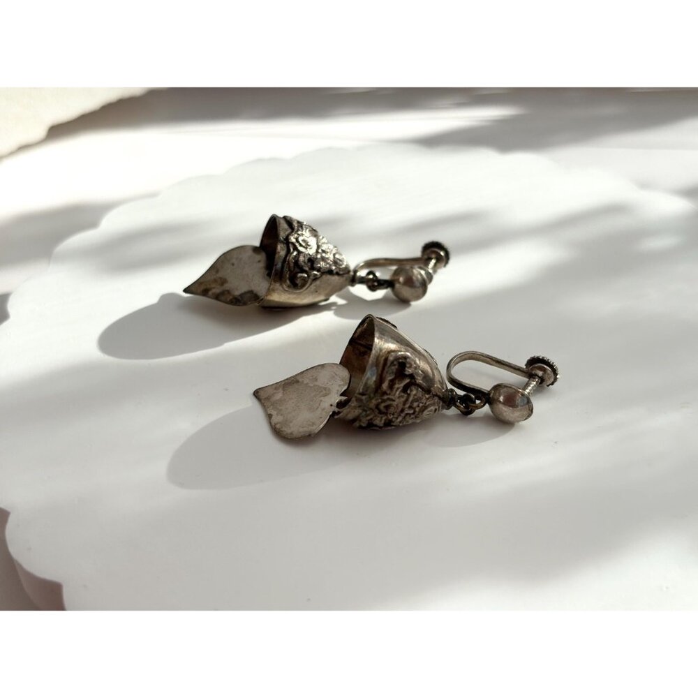 Siam Sterling Silver Vintage Screw Back Bells Hearts Charm Earrings - Picture 6 of 10